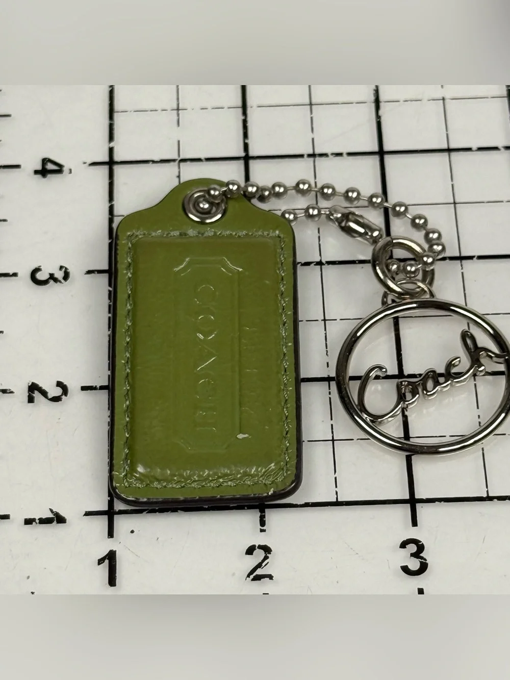 Coach Green Leather Tag Keychain with Silver Script Ring